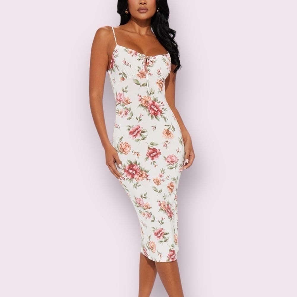 NWT Fashion Nova Floral Lace Up Bodycon Midi Dress Size L